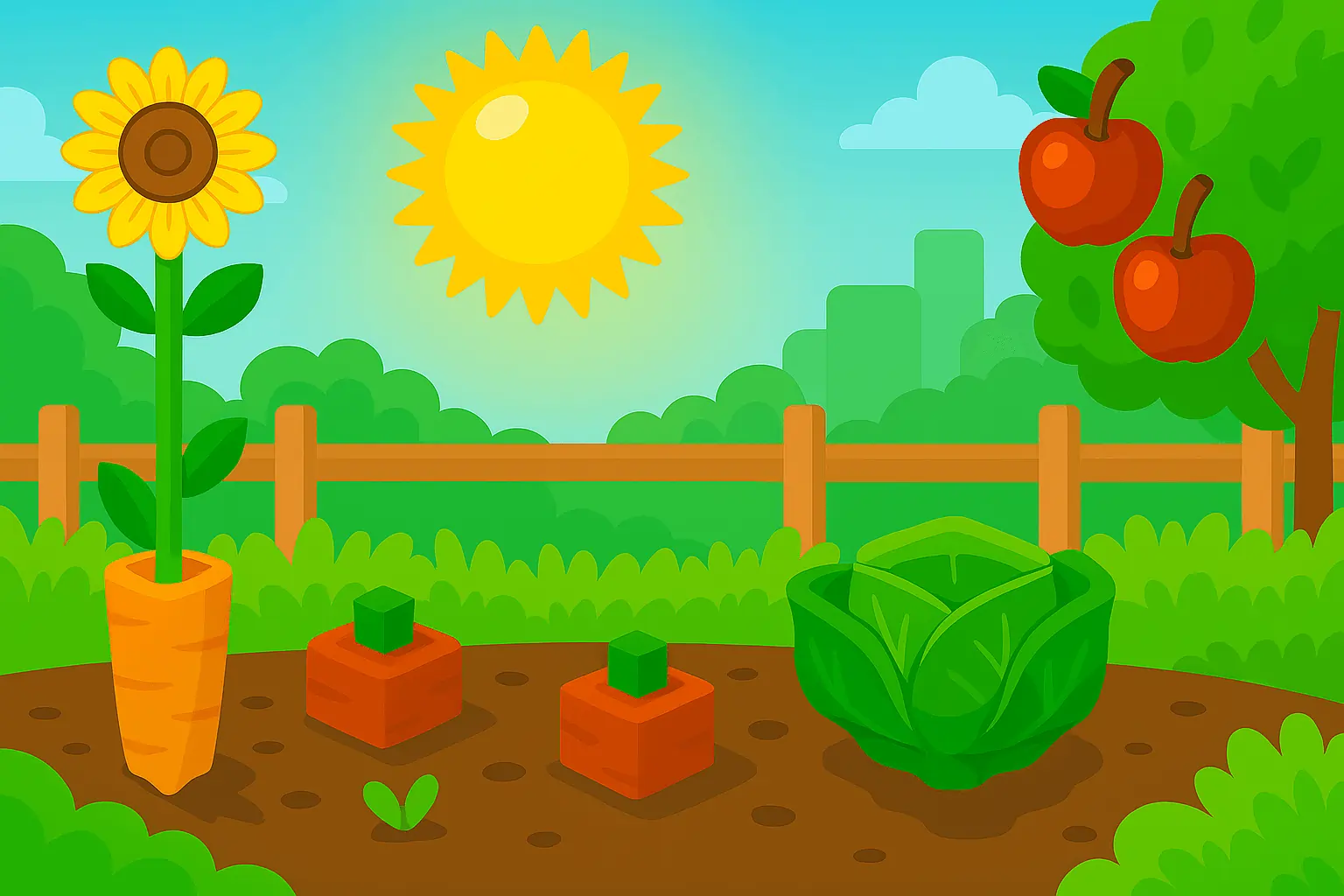 Background image, displaying a cartoon representation of a garden with various plants and flowers.